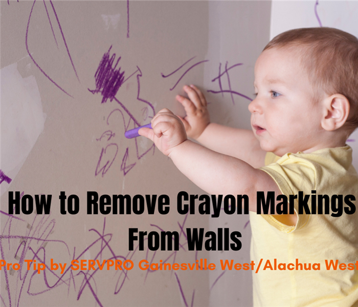 Child drawing on the walls with crayon. Text says: How to Remove Crayon Markings From Wall. Pro Tip by SERVPRO Gainesville"