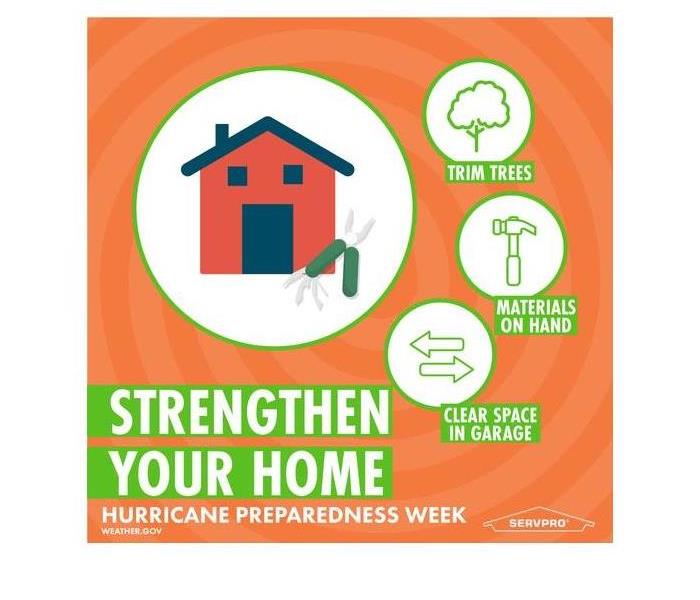 Hurricane Prep Week Graphic: Strengthen Your Home, Trim Trees, Have Tools On Hand, & Make Room